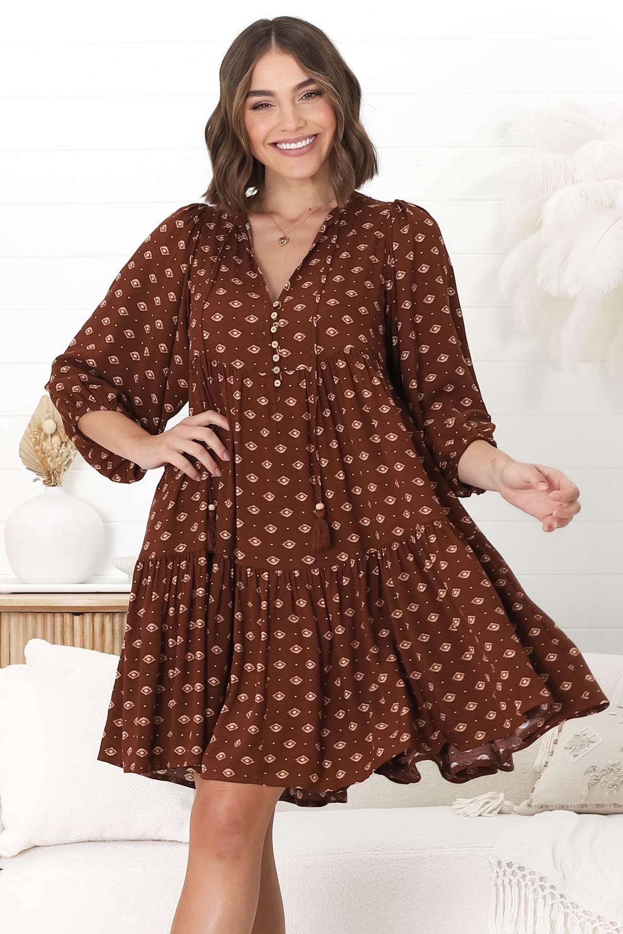 Heloise Mini Dress - Tiered Smock Dress with V Neckline Kendy Print