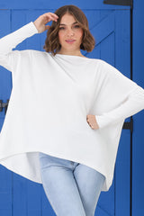 Belinda Knit Top - Boat Neckline Boxy Batwing Top in White