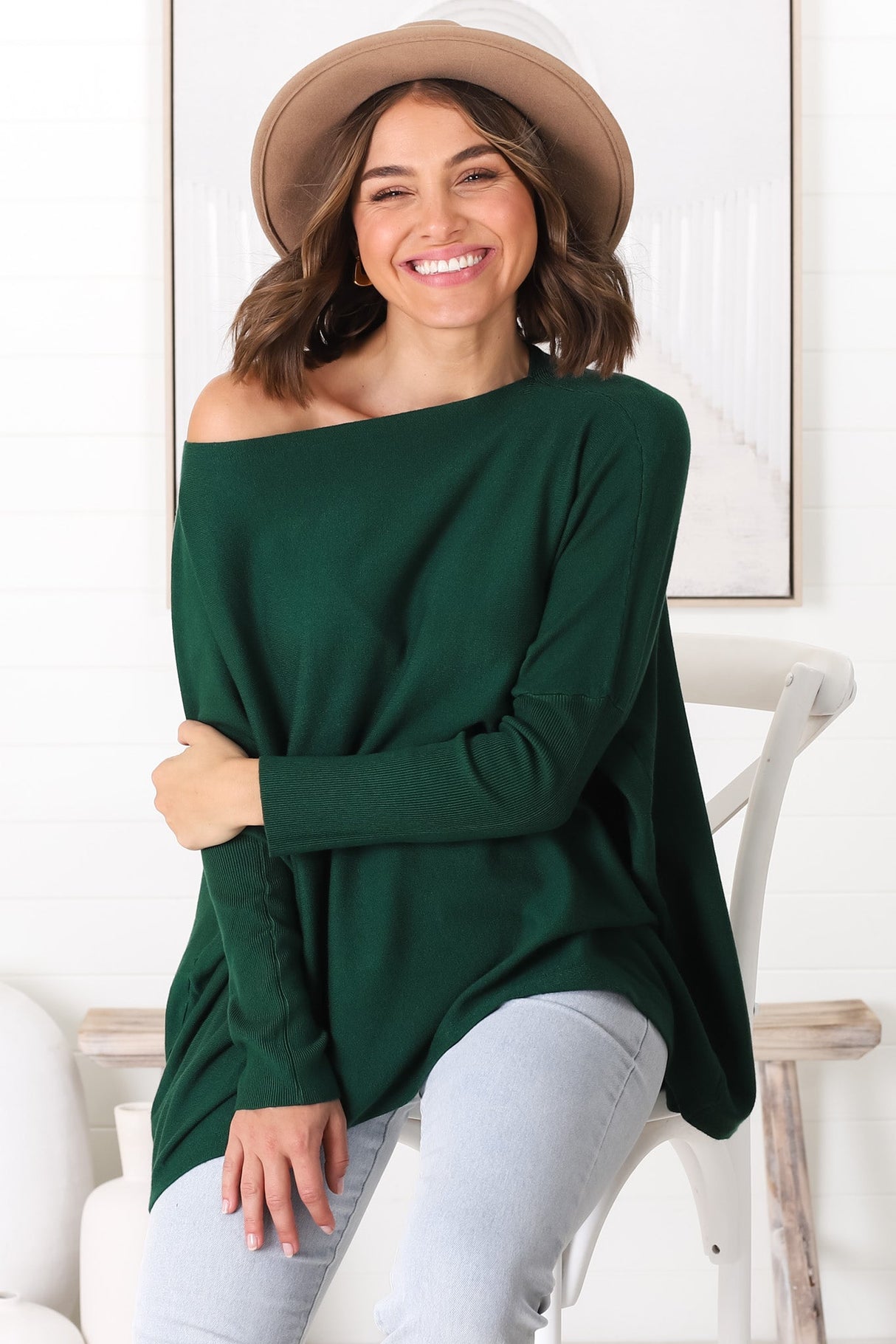 Belinda Knit Top - Boat Neckline Boxy Batwing Top in Dark Green