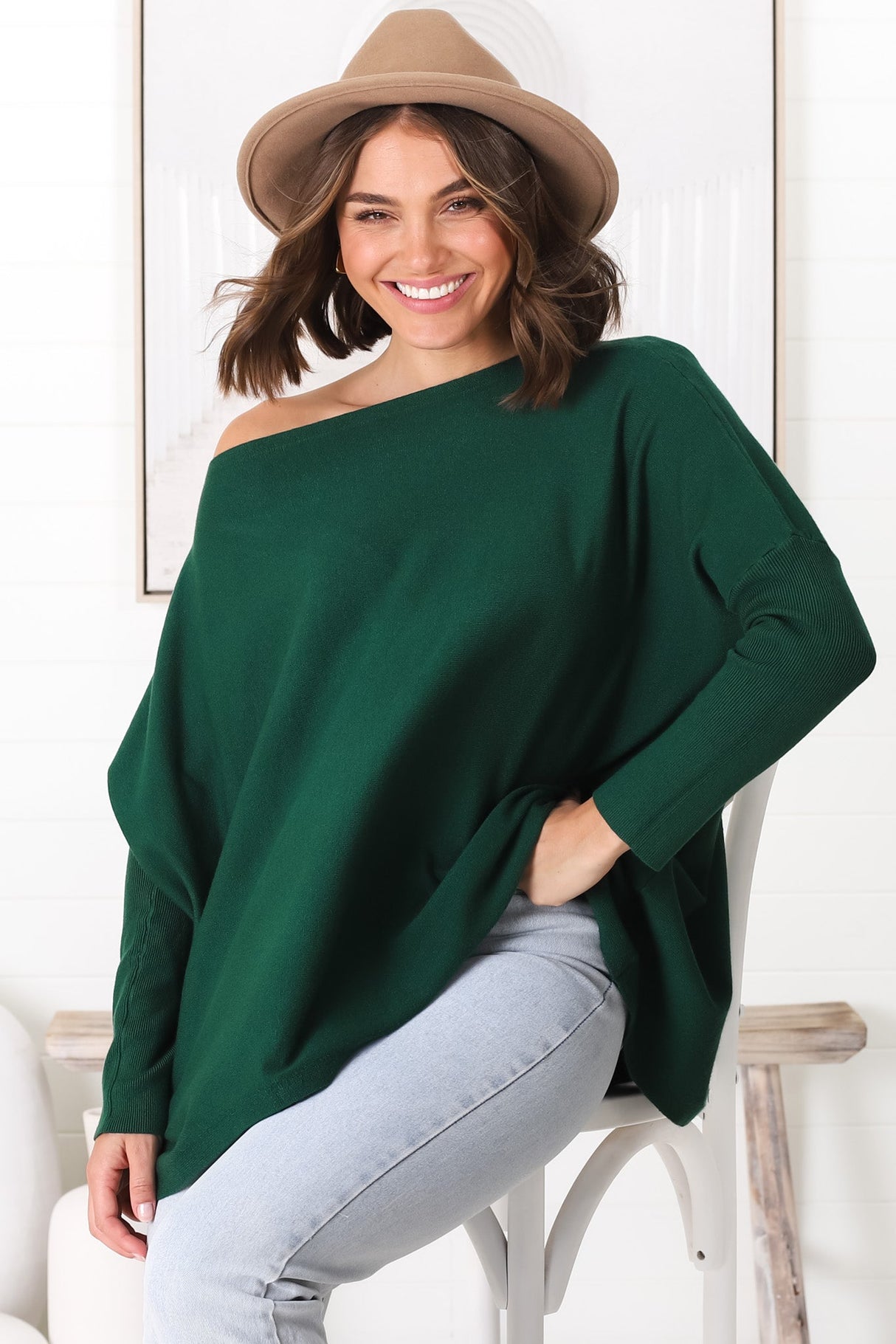 Belinda Knit Top - Boat Neckline Boxy Batwing Top in Dark Green