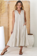 Aurora Midi Dress - Sleeveless Tiered Linen Dress with Pleated Bust in Oat