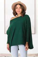 Belinda Knit Top - Boat Neckline Boxy Batwing Top in Dark Green