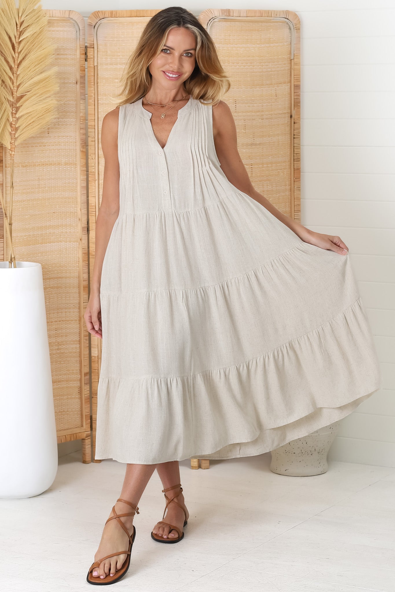 Aurora Midi Dress - Sleeveless Tiered Linen Dress with Pleated Bust in Oat