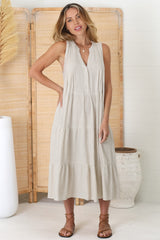 Aurora Midi Dress - Sleeveless Tiered Linen Dress with Pleated Bust in Oat