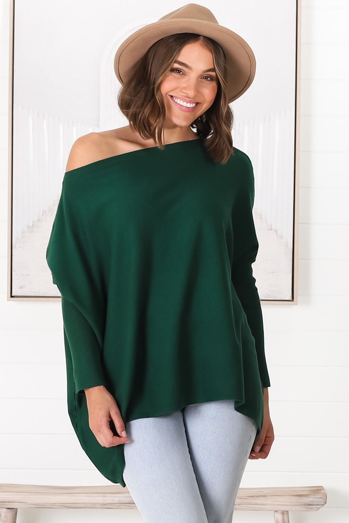 Belinda Knit Top - Boat Neckline Boxy Batwing Top in Dark Green