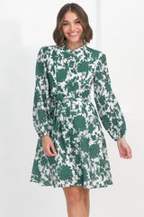 Esther Mini Dress - High Mandarin Collar Buttoned Dress with Waist Tie in Demi Green