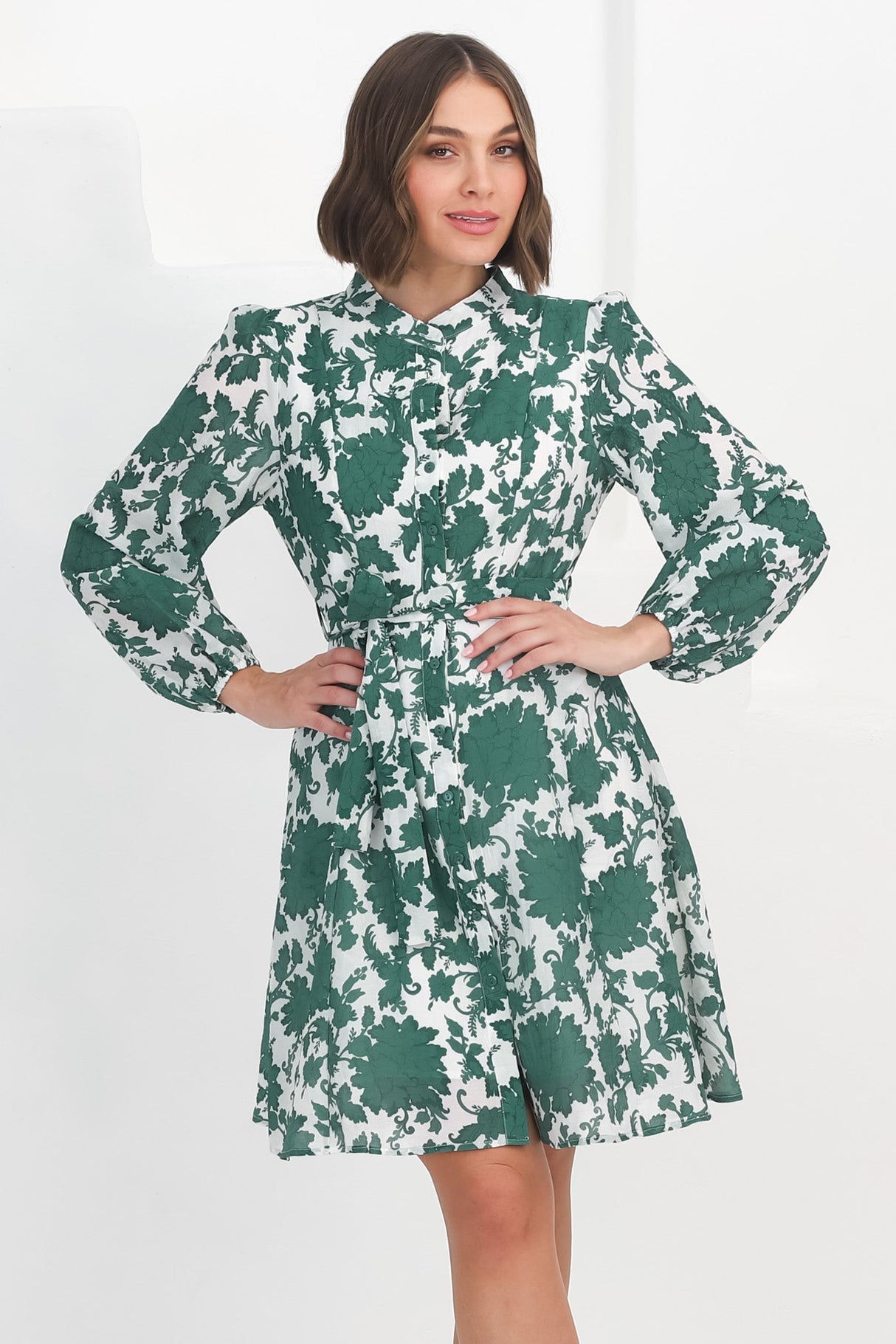 Esther Mini Dress - High Mandarin Collar Buttoned Dress with Waist Tie in Demi Green