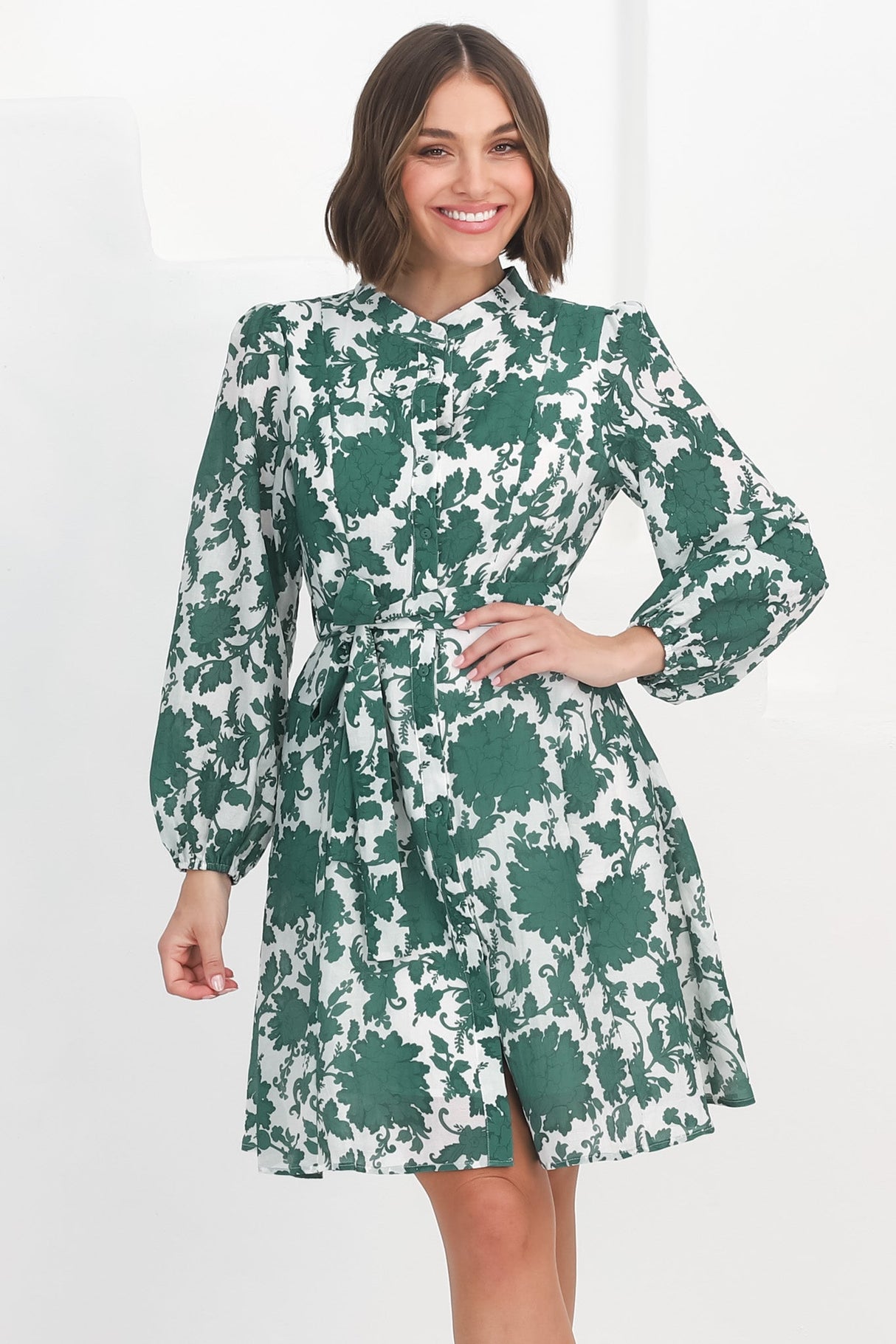 Esther Mini Dress - High Mandarin Collar Buttoned Dress with Waist Tie in Demi Green