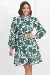 Esther Mini Dress - High Mandarin Collar Buttoned Dress with Waist Tie in Demi Green