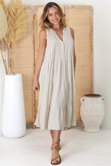 Aurora Midi Dress - Sleeveless Tiered Linen Dress with Pleated Bust in Oat