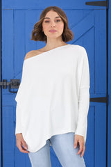 Belinda Knit Top - Boat Neckline Boxy Batwing Top in White