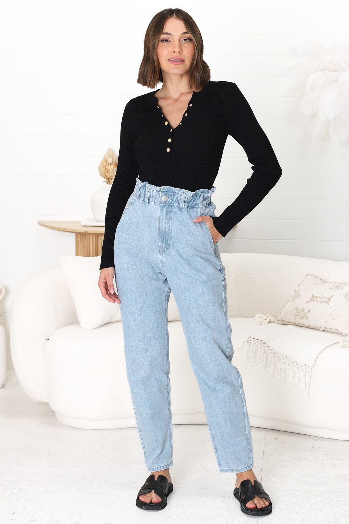 Brizzie Jeans - Paper Bag High Waist Straight Leg Jeans in Light Denim