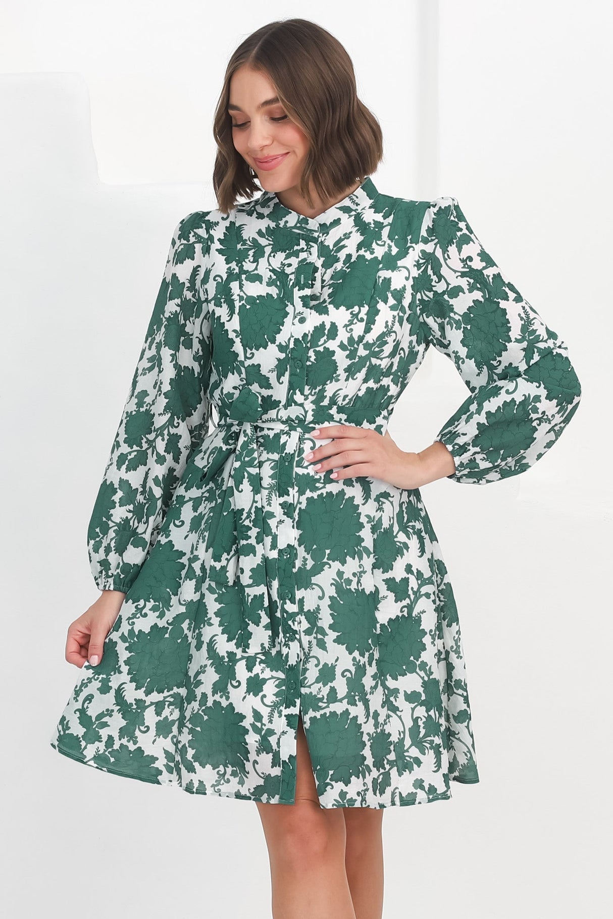 Esther Mini Dress - High Mandarin Collar Buttoned Dress with Waist Tie in Demi Green