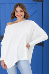 Belinda Knit Top - Boat Neckline Boxy Batwing Top in White