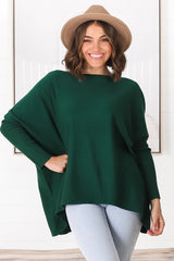 Belinda Knit Top - Boat Neckline Boxy Batwing Top in Dark Green