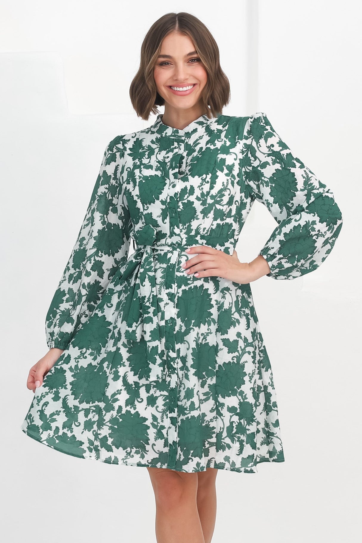 Esther Mini Dress - High Mandarin Collar Buttoned Dress with Waist Tie in Demi Green