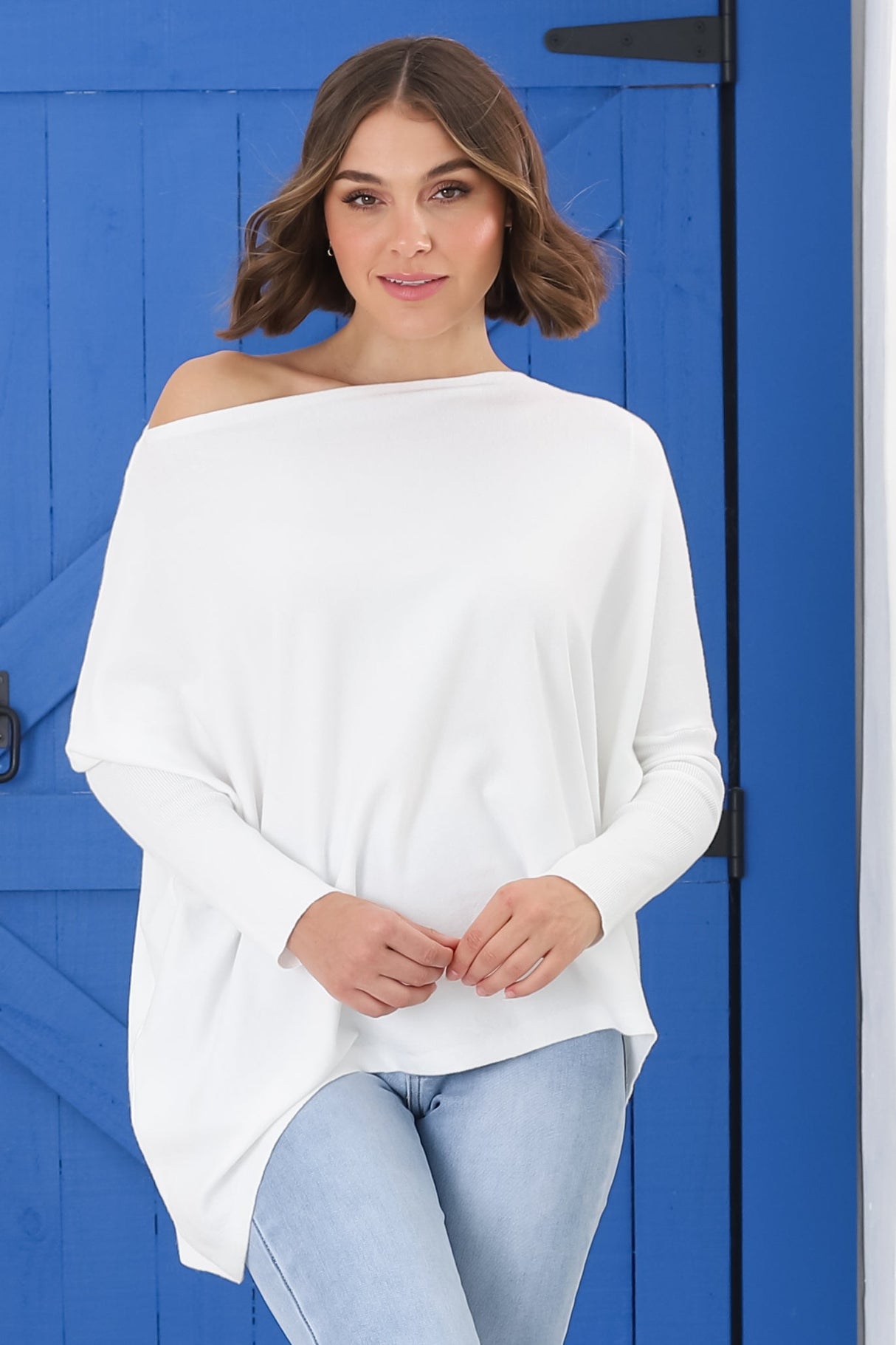 Belinda Knit Top - Boat Neckline Boxy Batwing Top in White