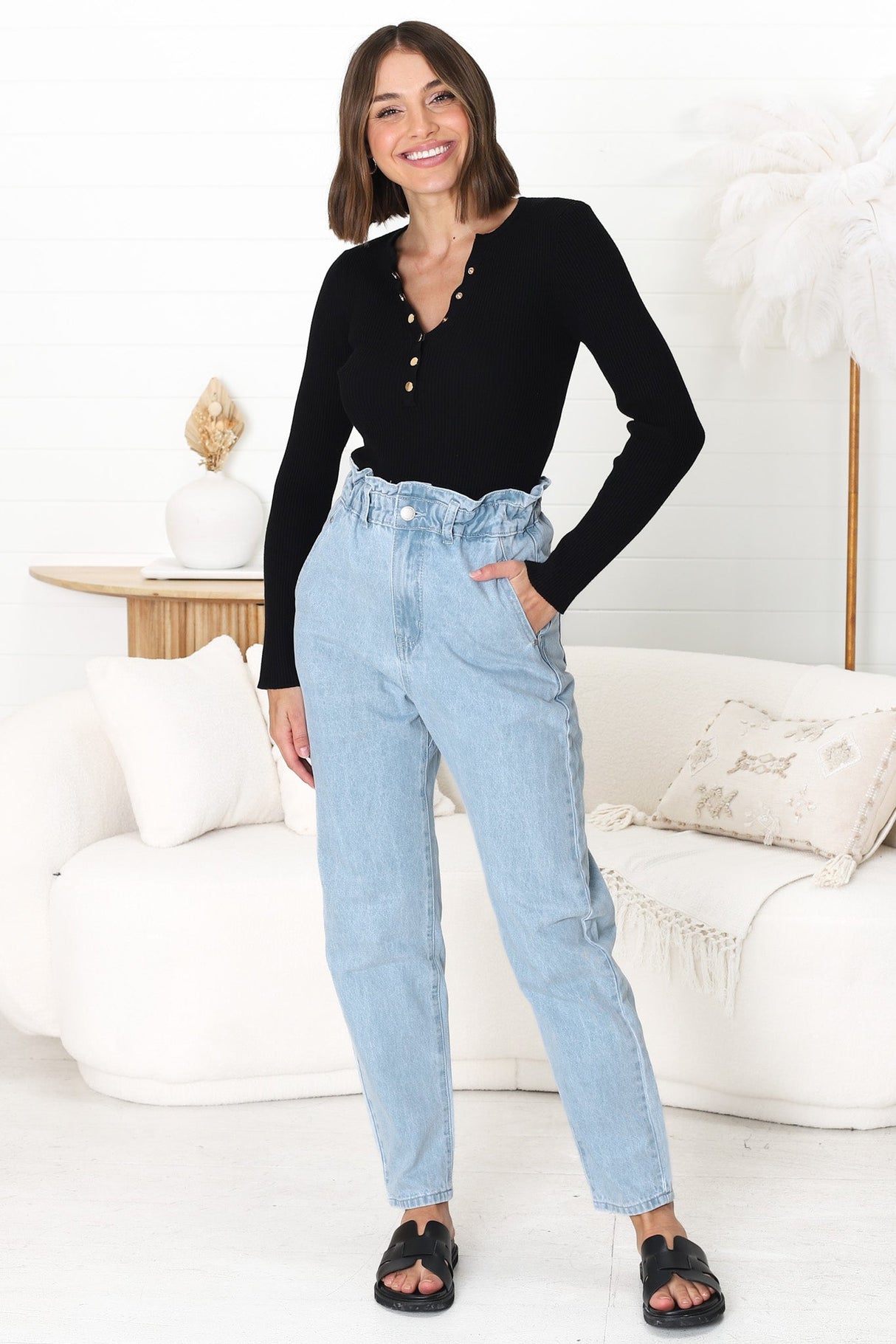 Brizzie Jeans - Paper Bag High Waist Straight Leg Jeans in Light Denim