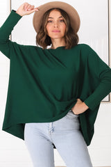 Belinda Knit Top - Boat Neckline Boxy Batwing Top in Dark Green