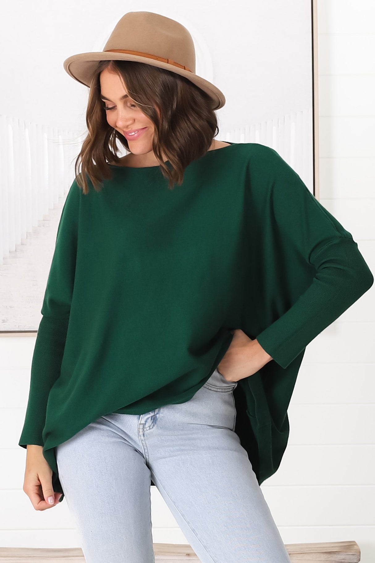 Belinda Knit Top - Boat Neckline Boxy Batwing Top in Dark Green