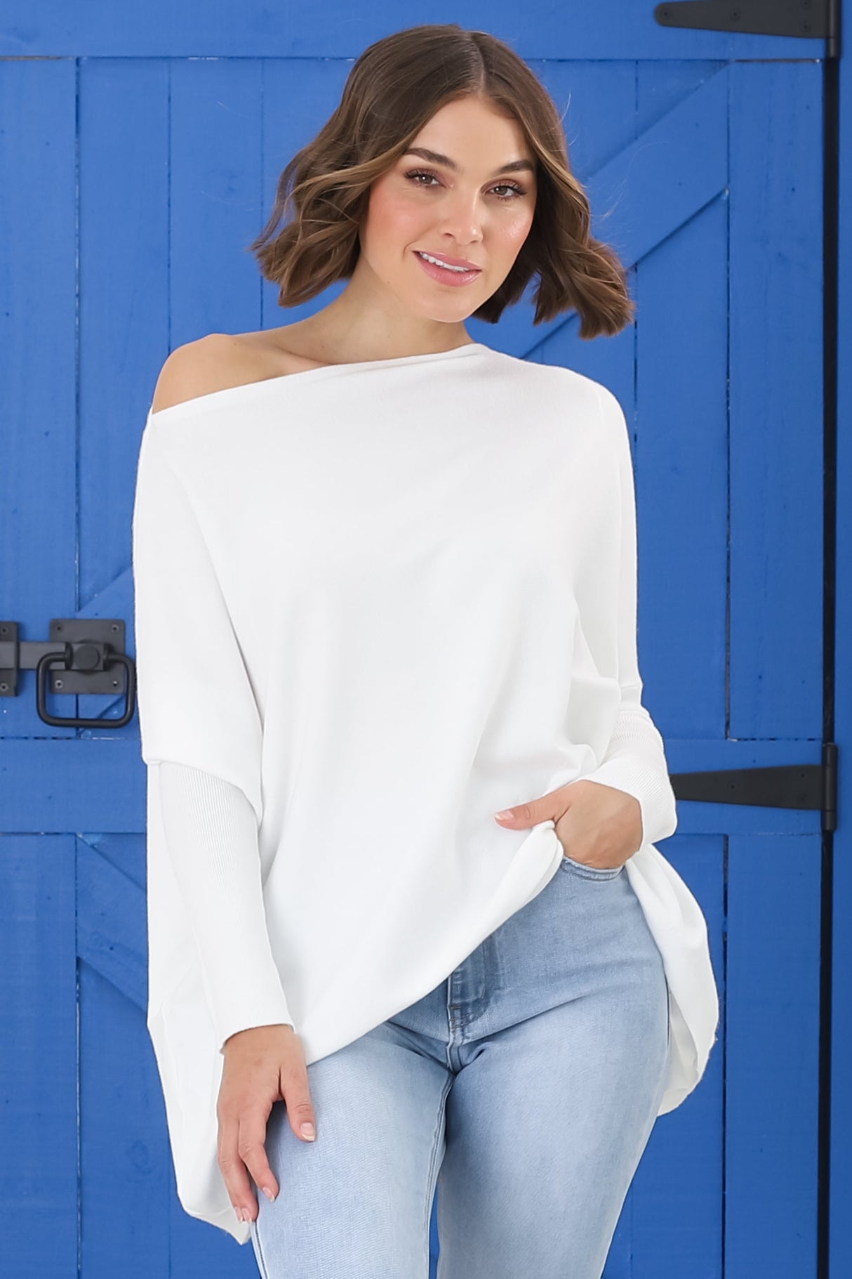 Belinda Knit Top - Boat Neckline Boxy Batwing Top in White