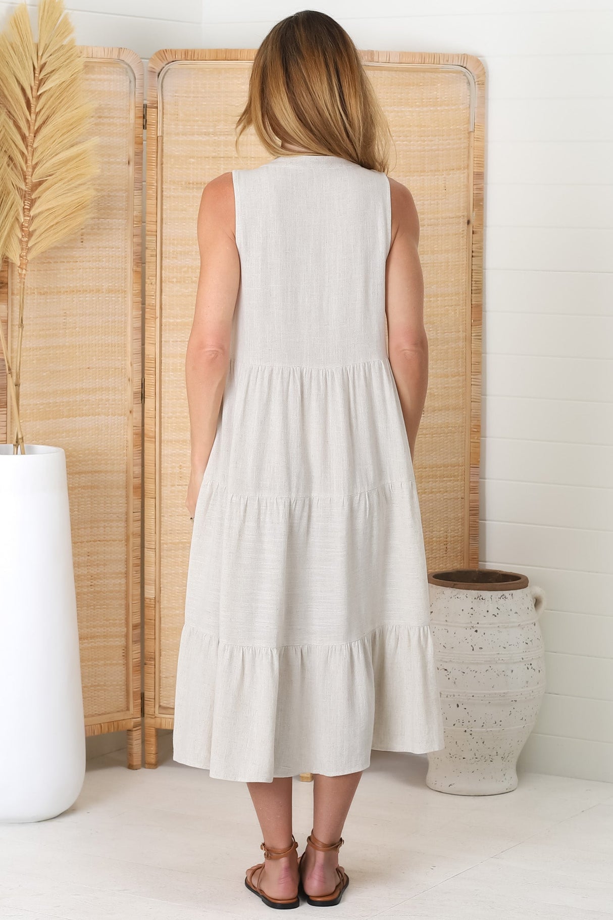 Aurora Midi Dress - Sleeveless Tiered Linen Dress with Pleated Bust in Oat