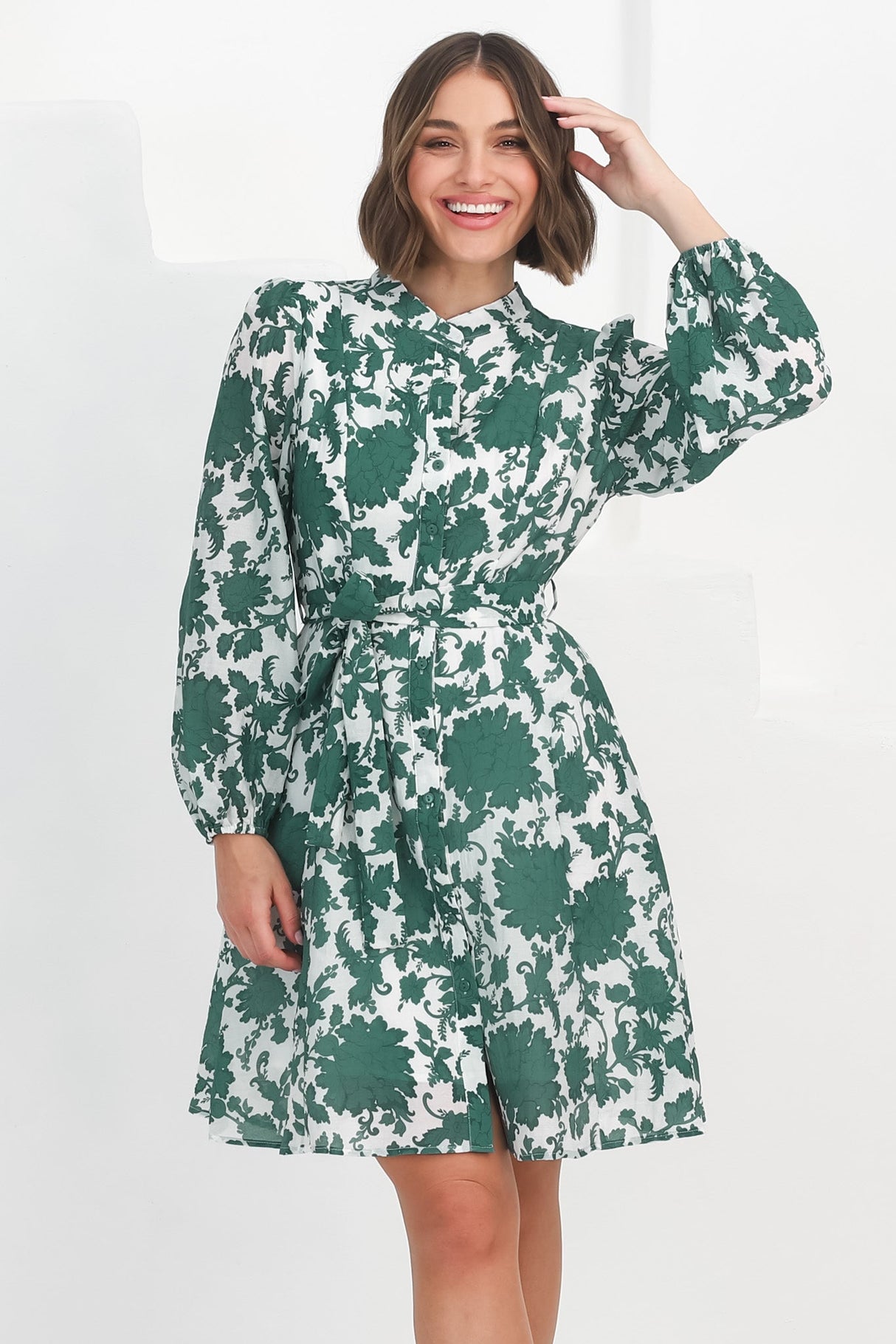 Esther Mini Dress - High Mandarin Collar Buttoned Dress with Waist Tie in Demi Green