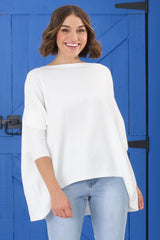 Belinda Knit Top - Boat Neckline Boxy Batwing Top in White