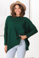 Belinda Knit Top - Boat Neckline Boxy Batwing Top in Dark Green