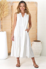 Aurora Midi Dress - Sleeveless Tiered Linen Dress with Pleated Bust in White