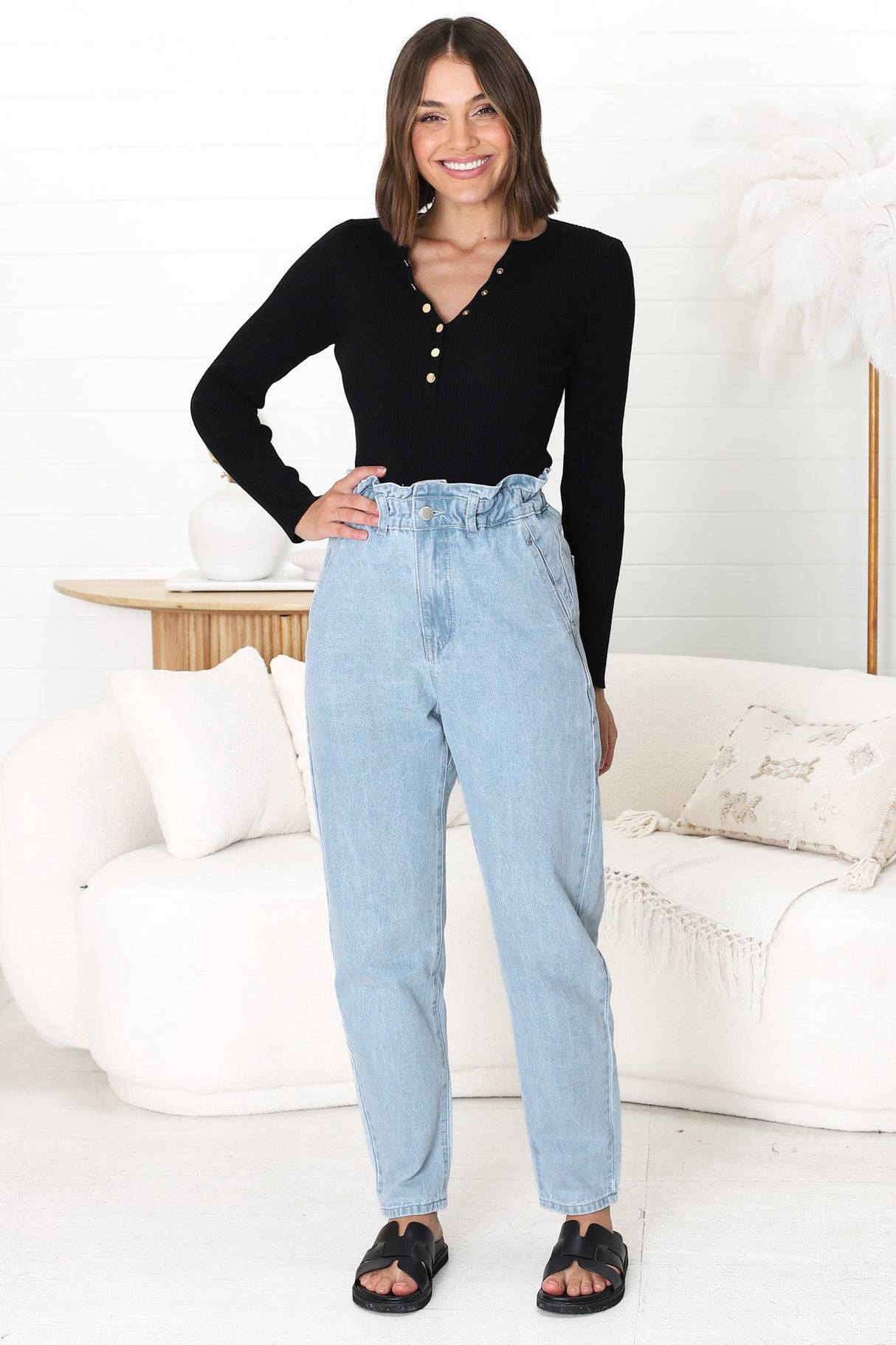 Brizzie Jeans - Paper Bag High Waist Straight Leg Jeans in Light Denim