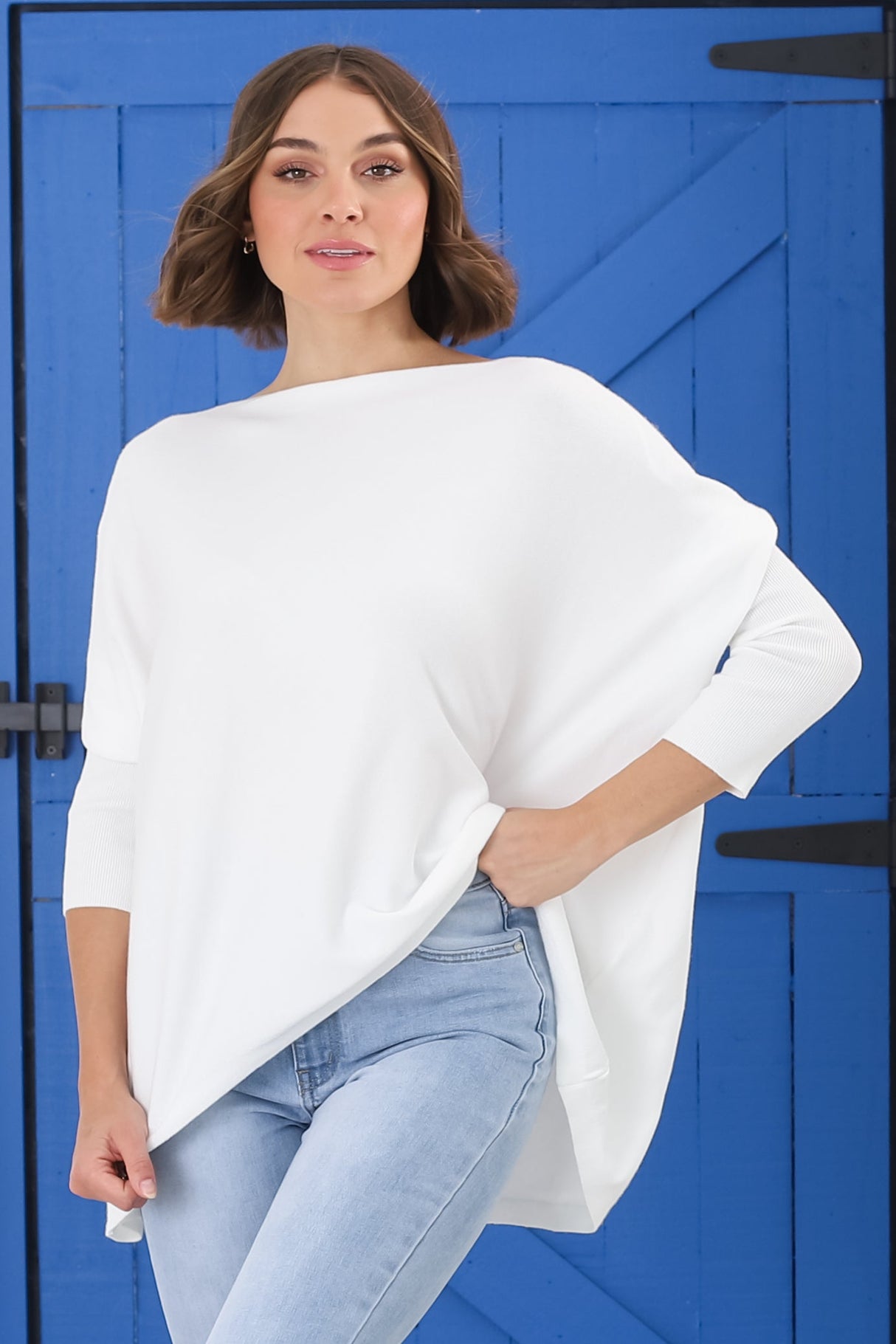 Belinda Knit Top - Boat Neckline Boxy Batwing Top in White