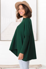 Belinda Knit Top - Boat Neckline Boxy Batwing Top in Dark Green