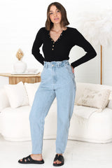 Brizzie Jeans - Paper Bag High Waist Straight Leg Jeans in Light Denim