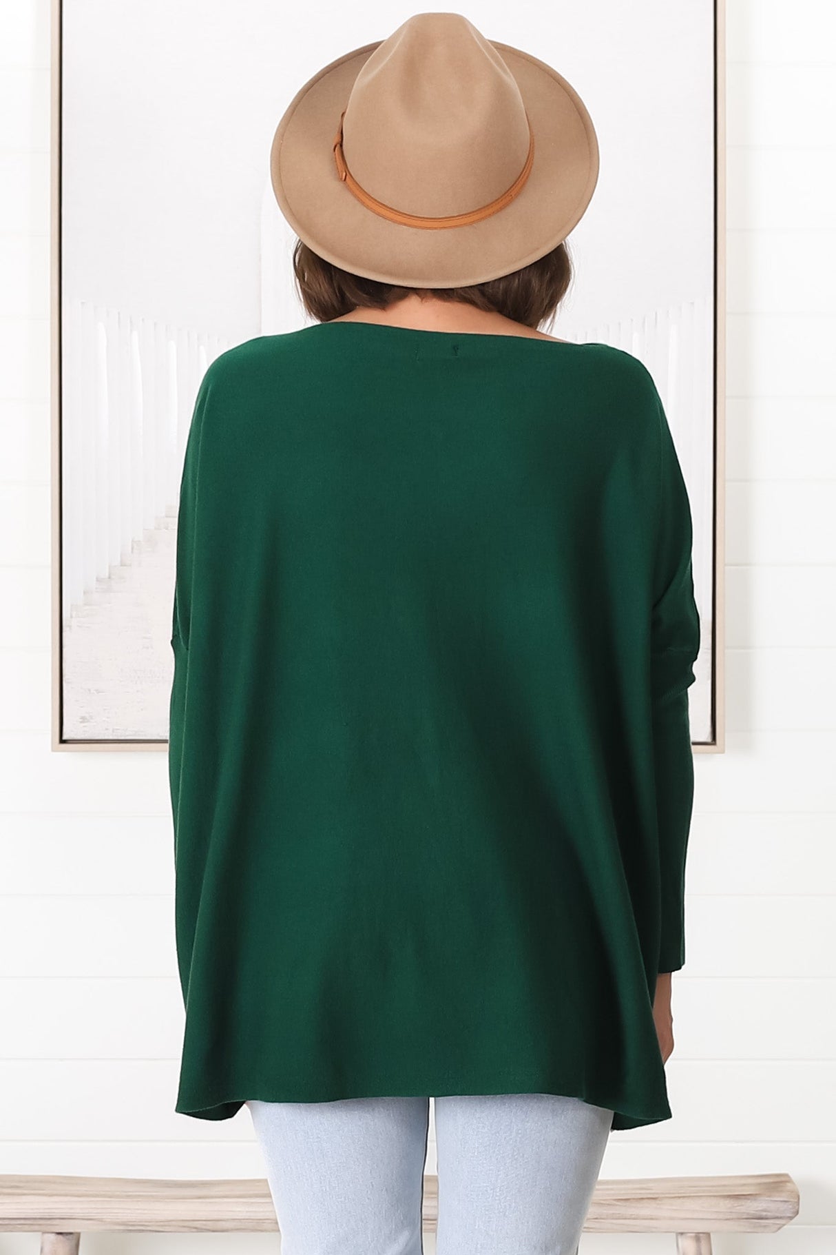 Belinda Knit Top - Boat Neckline Boxy Batwing Top in Dark Green