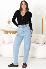 Brizzie Jeans - Paper Bag High Waist Straight Leg Jeans in Light Denim