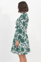 Esther Mini Dress - High Mandarin Collar Buttoned Dress with Waist Tie in Demi Green