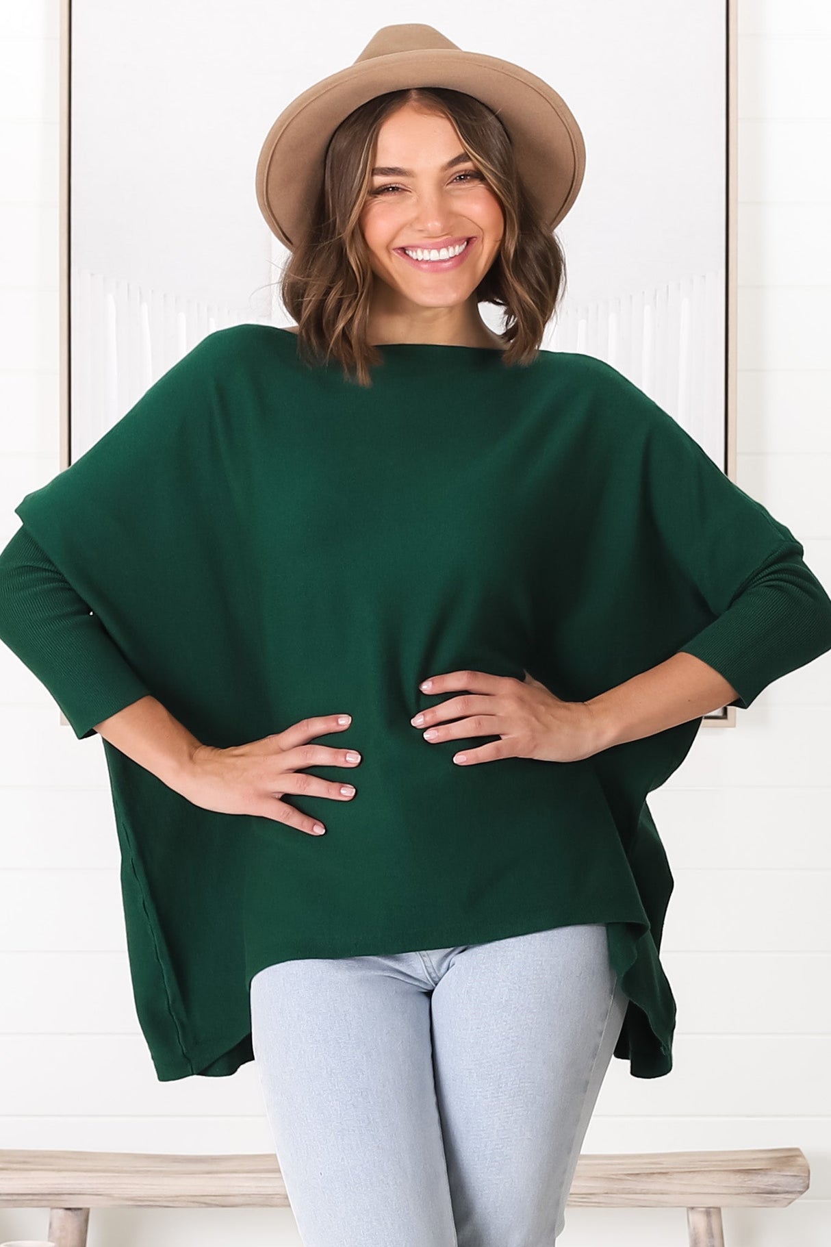 Belinda Knit Top - Boat Neckline Boxy Batwing Top in Dark Green