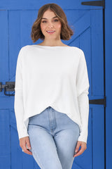 Belinda Knit Top - Boat Neckline Boxy Batwing Top in White