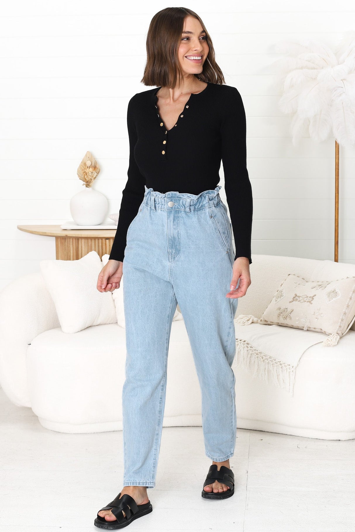 Brizzie Jeans - Paper Bag High Waist Straight Leg Jeans in Light Denim