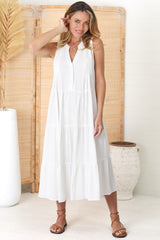 Aurora Midi Dress - Sleeveless Tiered Linen Dress with Pleated Bust in White