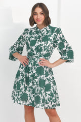 Esther Mini Dress - High Mandarin Collar Buttoned Dress with Waist Tie in Demi Green