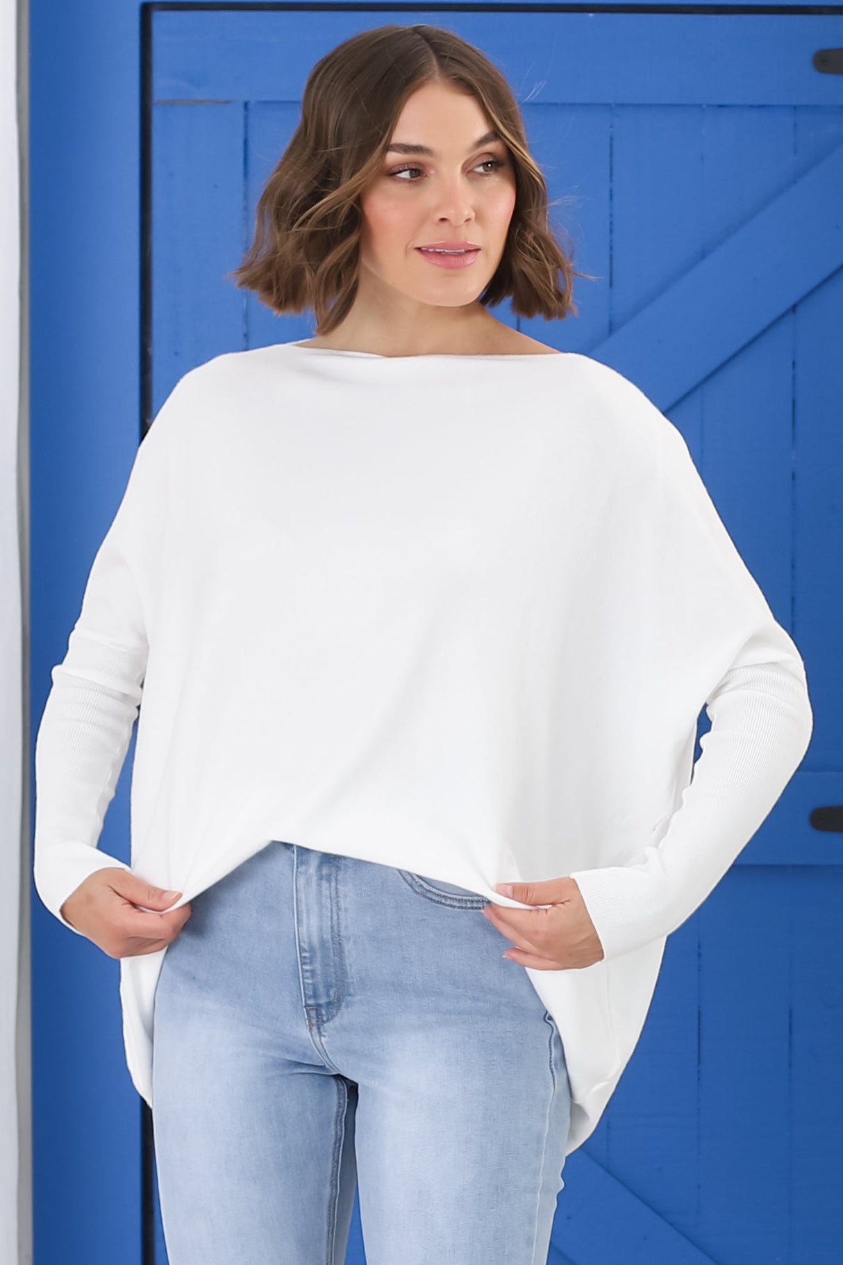 Belinda Knit Top - Boat Neckline Boxy Batwing Top in White