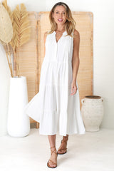 Aurora Midi Dress - Sleeveless Tiered Linen Dress with Pleated Bust in White