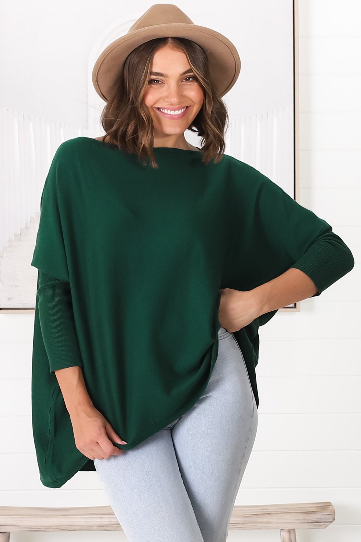 Belinda Knit Top - Boat Neckline Boxy Batwing Top in Dark Green