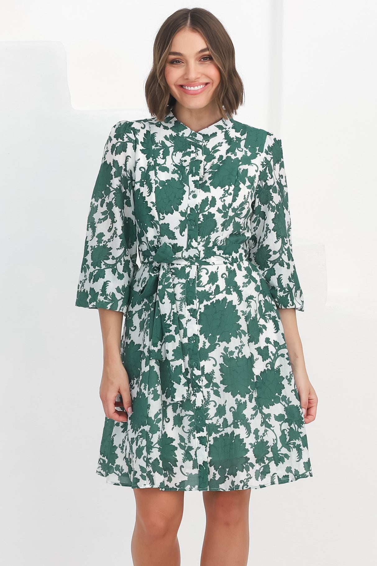 Esther Mini Dress - High Mandarin Collar Buttoned Dress with Waist Tie in Demi Green