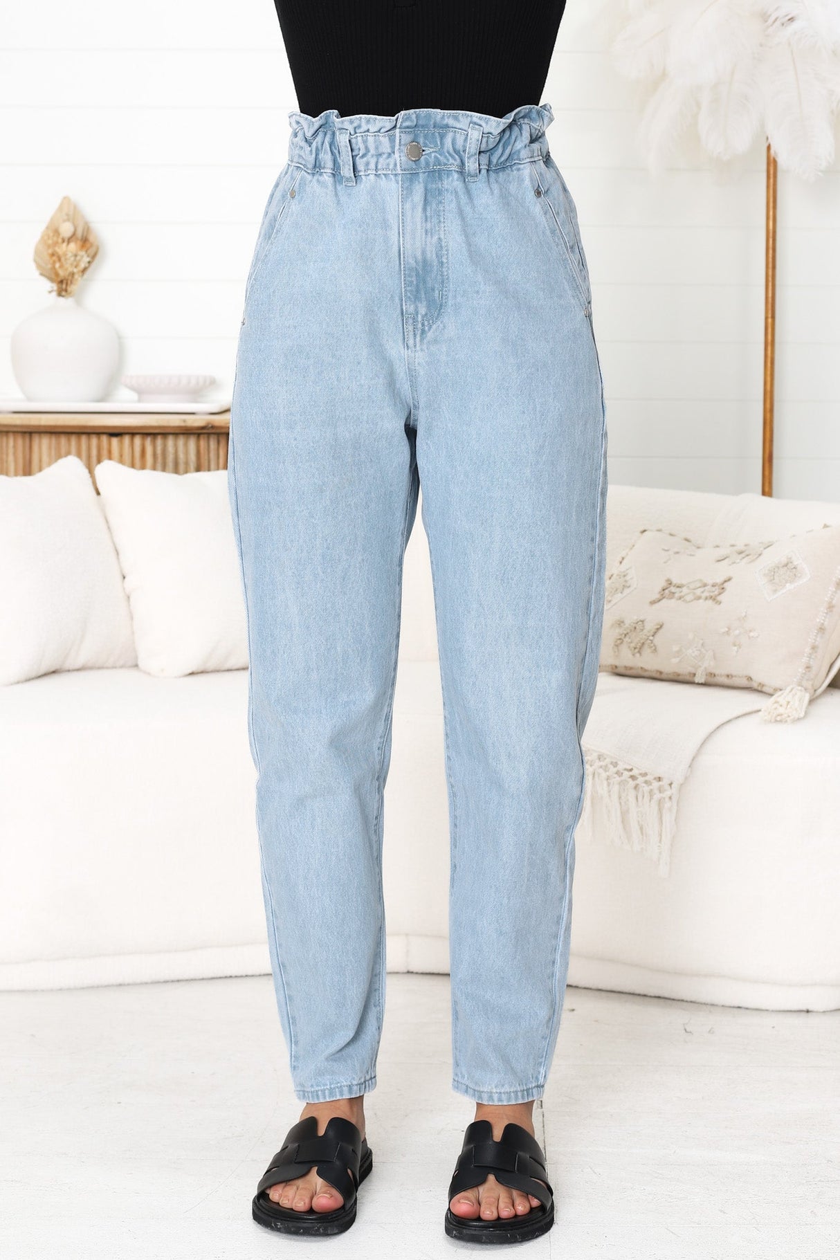 Brizzie Jeans - Paper Bag High Waist Straight Leg Jeans in Light Denim