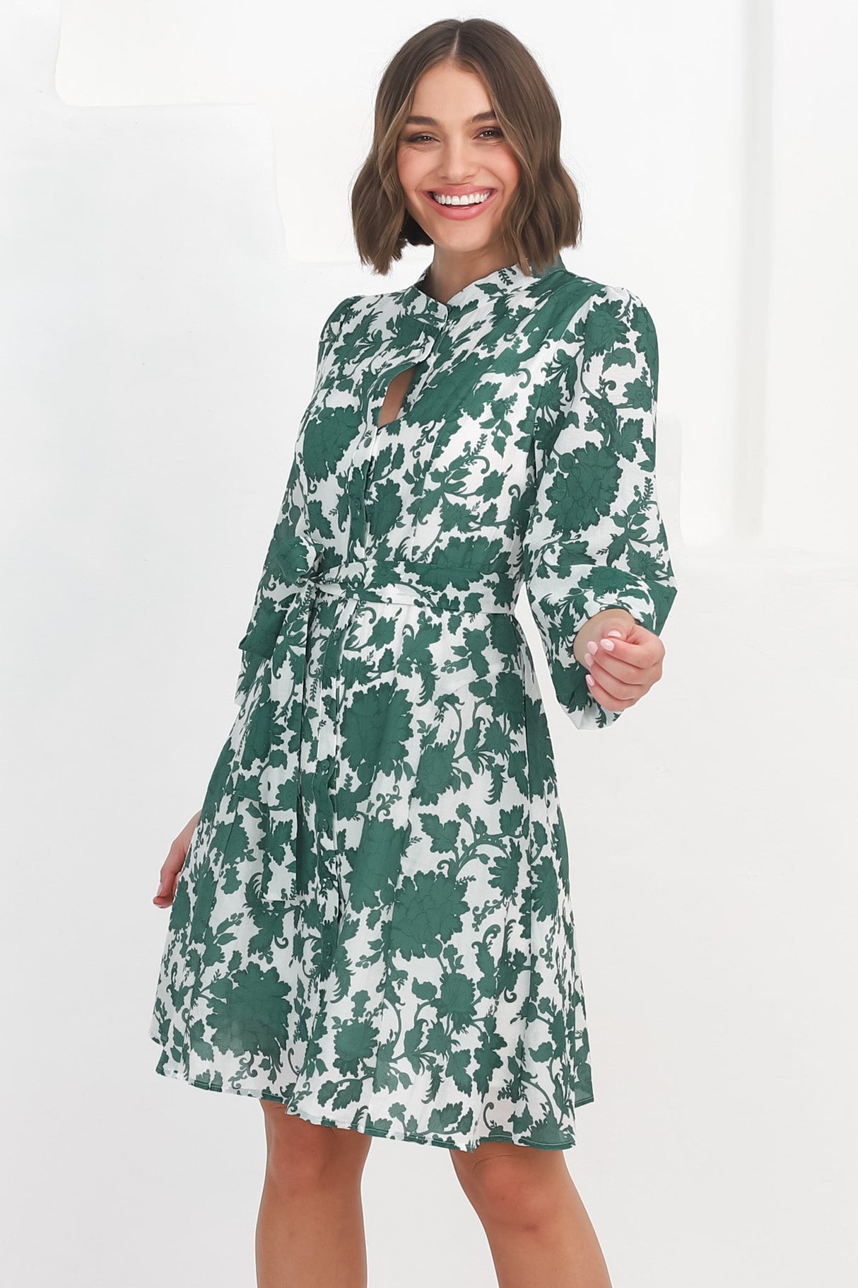 Esther Mini Dress - High Mandarin Collar Buttoned Dress with Waist Tie in Demi Green