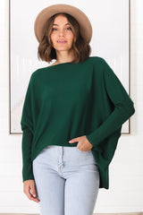 Belinda Knit Top - Boat Neckline Boxy Batwing Top in Dark Green