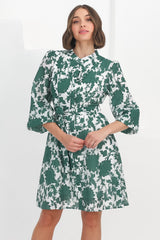 Esther Mini Dress - High Mandarin Collar Buttoned Dress with Waist Tie in Demi Green